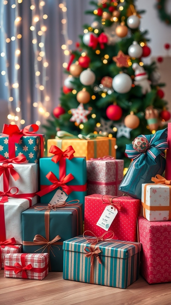 A collection of colorful wrapped Christmas gifts with ribbons, surrounded by holiday decorations and lights.